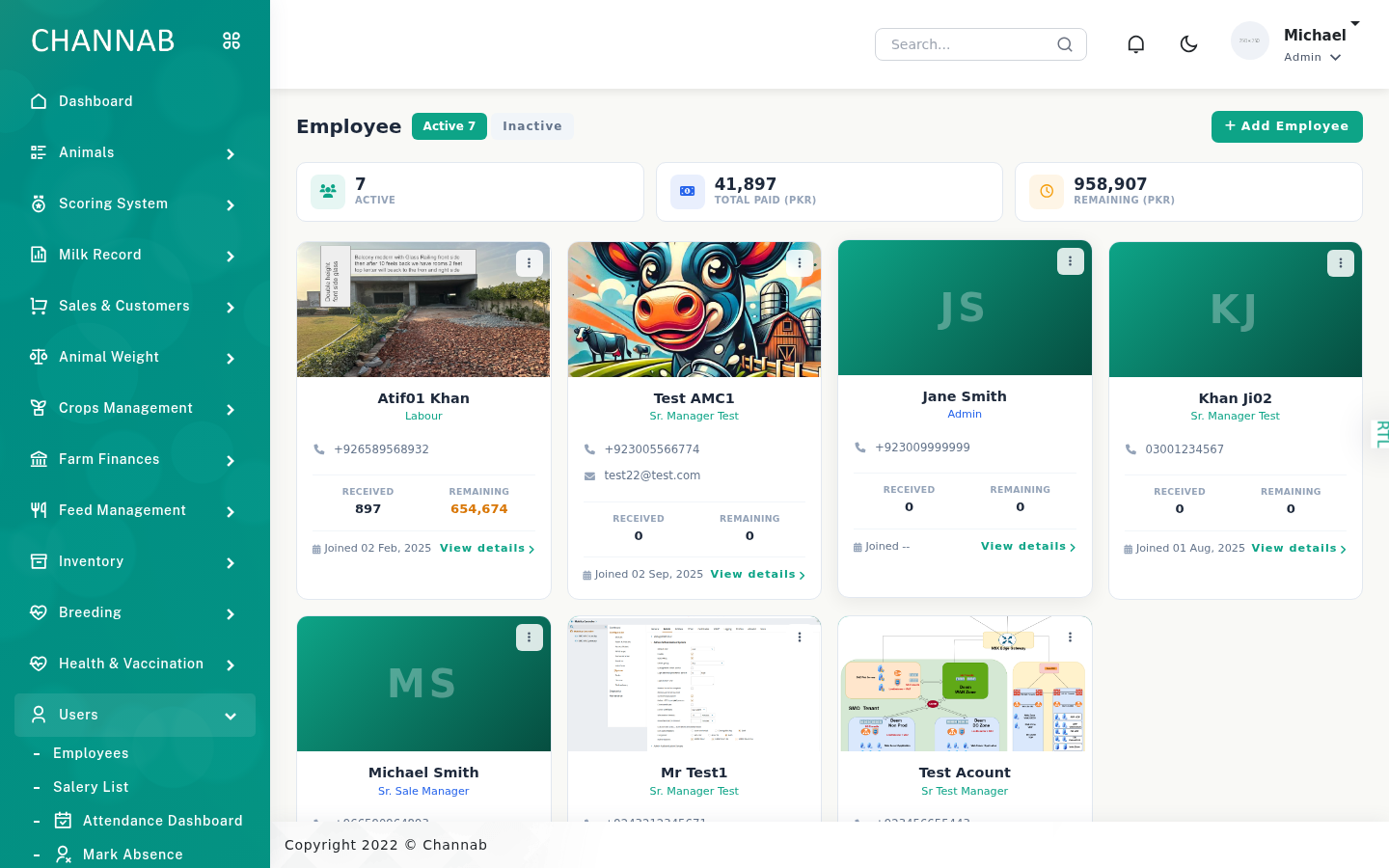 Channab farm employee management software showing employee list with roles and attendance