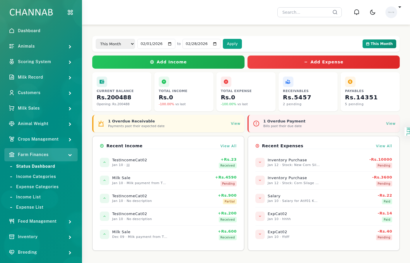 Channab Financial Management Dashboard Screenshot