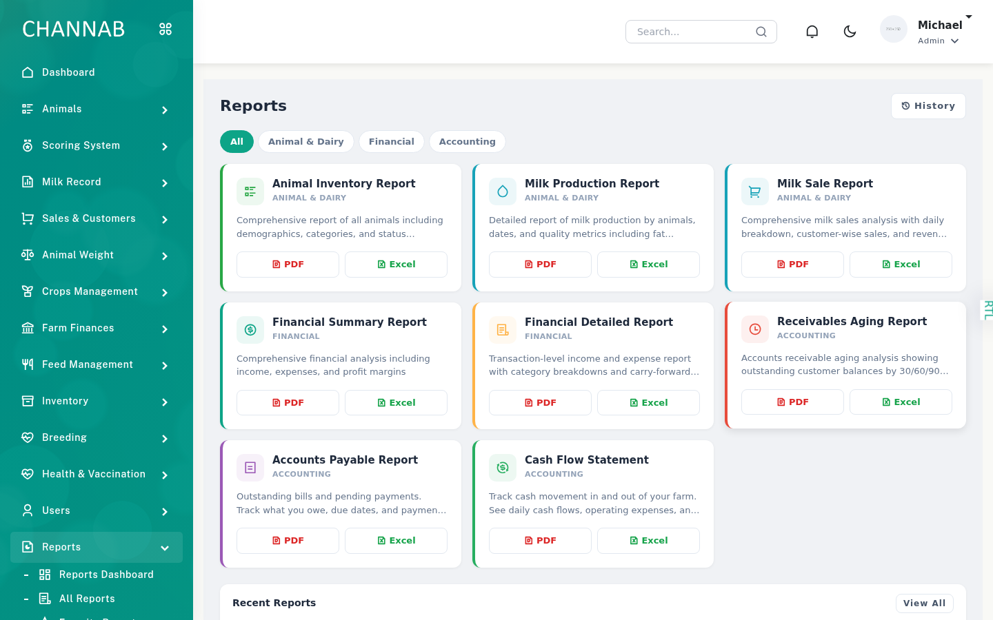 Channab dairy farm reports dashboard with report templates, history, and scheduled reports